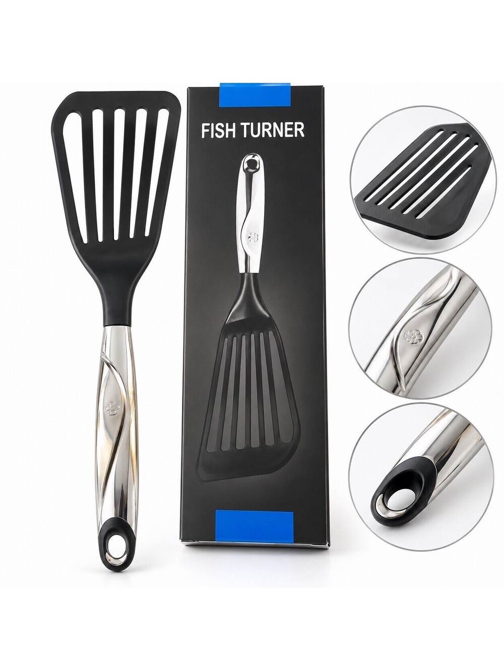 🖤 Slotted Fish Turner Spatula Stainless Steel Handle – Black Kitchen Utensil